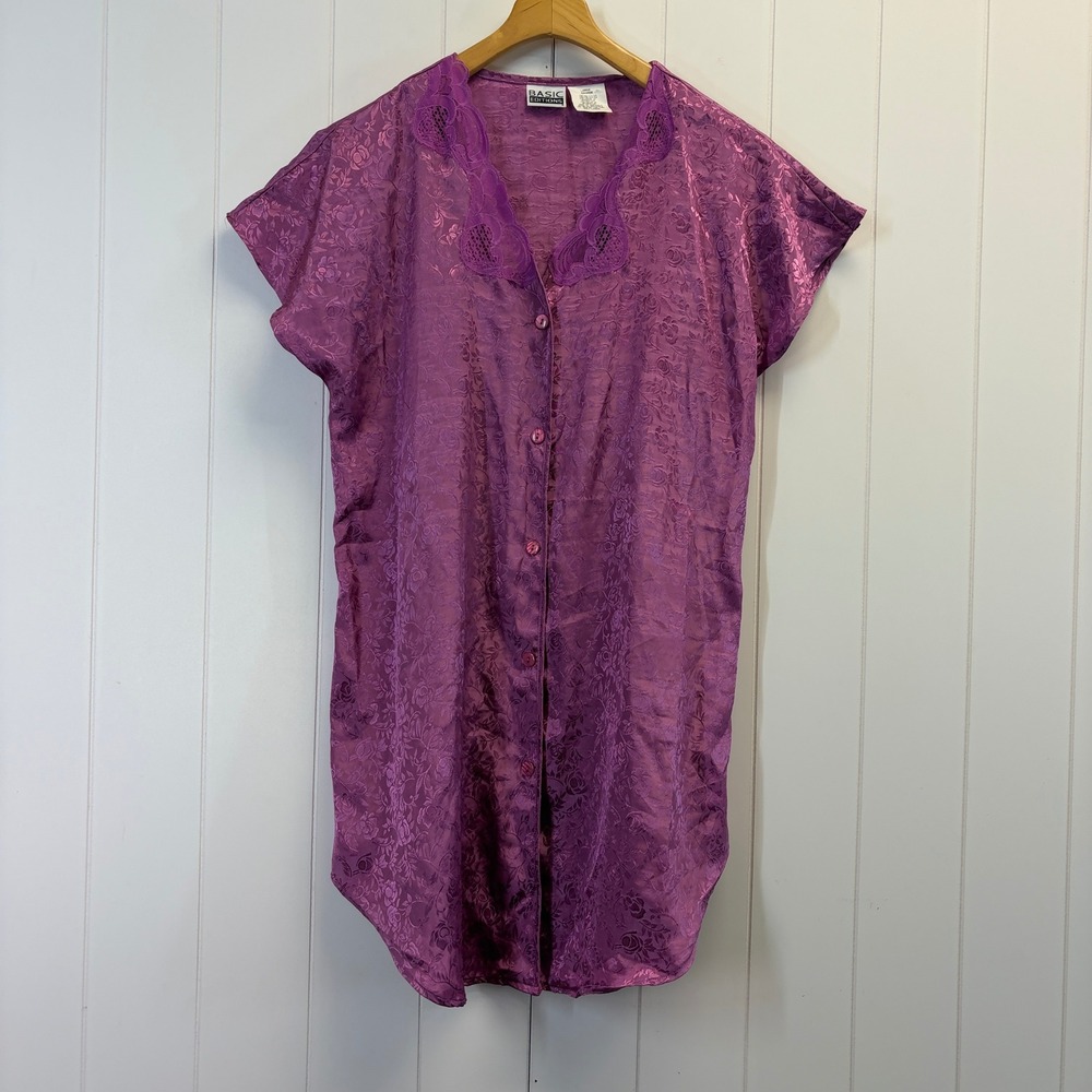Vintage Basic Editions Coquette Satin Jacquard Nightgown Women Size L Romantic